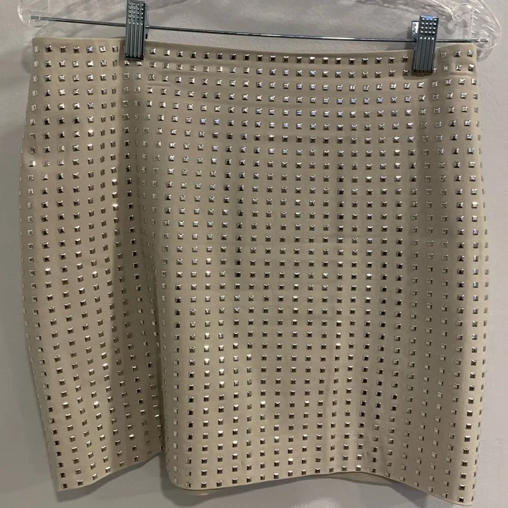H&M Cream Mini Pencil Skirt with Silver Studded Embellishments